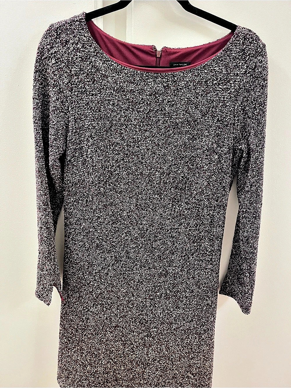 Ann Taylor Burgundy Black Silver Sparkle Tweed Long Sleeve Shift Dress Size 8